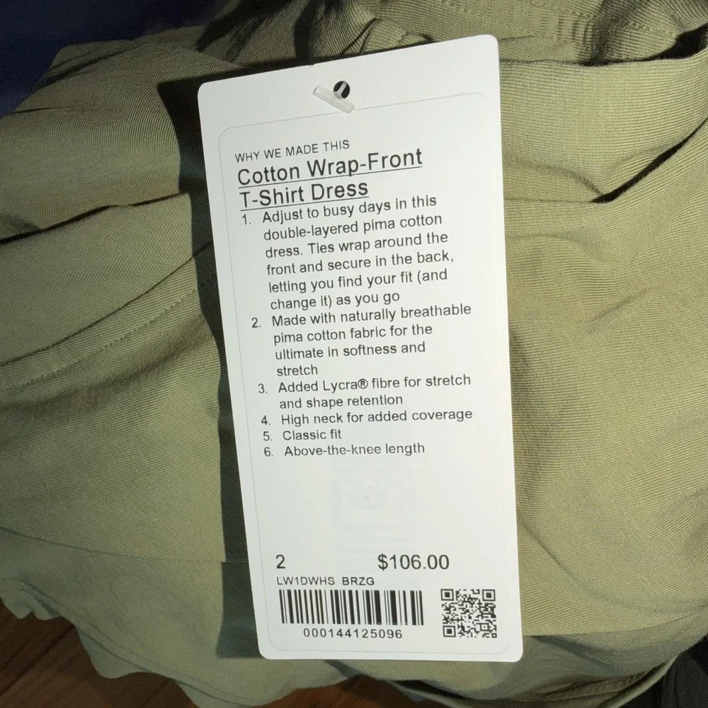 Lululemon Cotton Wrap-Front T-Shirt Dress 2 Green Short Sleeve Casual Athleisure